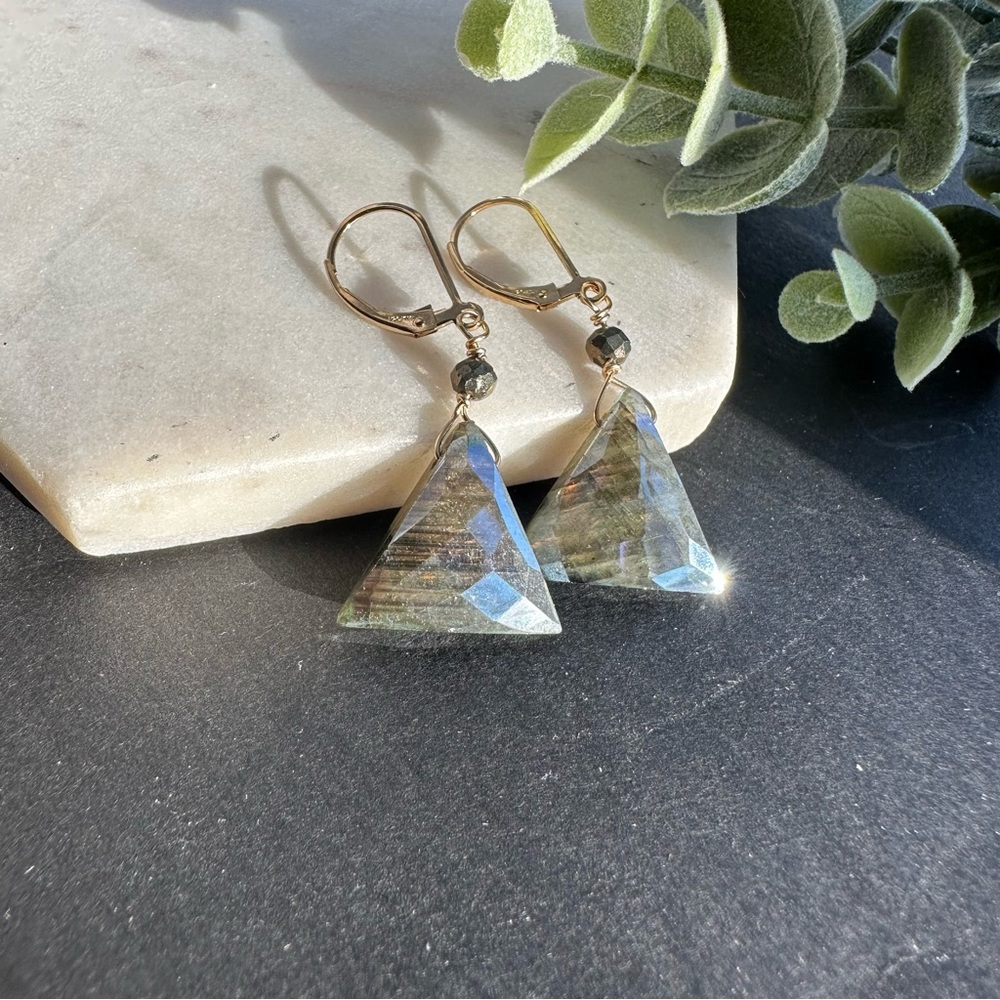 Labradorite Earrings triangle gemstone 14k gold handmade jewelry